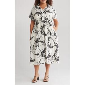 Renee C. Floral Midi Shirtdress in Off White Size 3X